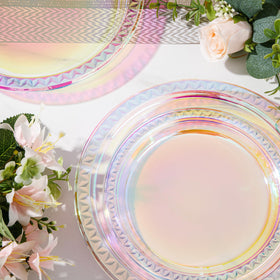 Mermaid or unicorn party vibe with Supernal iridescent plates on display.