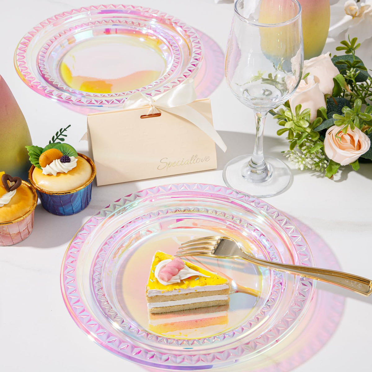 Valentine themed Supernal iridescent plate enhances romantic table styling.
