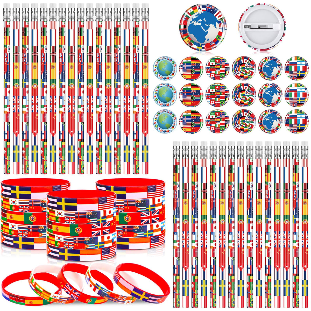 Supervitae world flags pencil set for classroom decor and travel-themed projects.