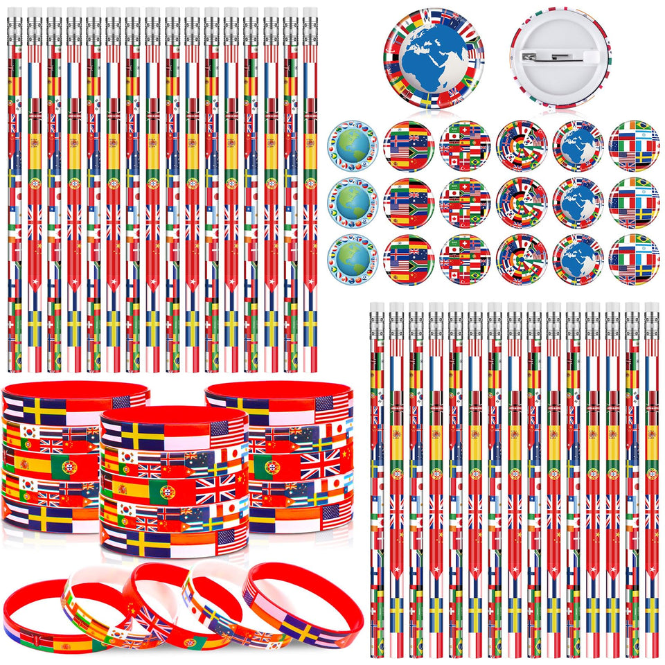 Supervitae world flags pencil set for classroom decor and travel-themed projects.