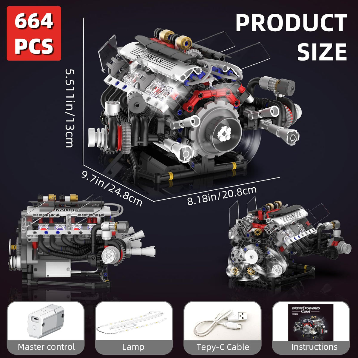 Supplanet V8 engine kit rechargeable power unit powers operation.