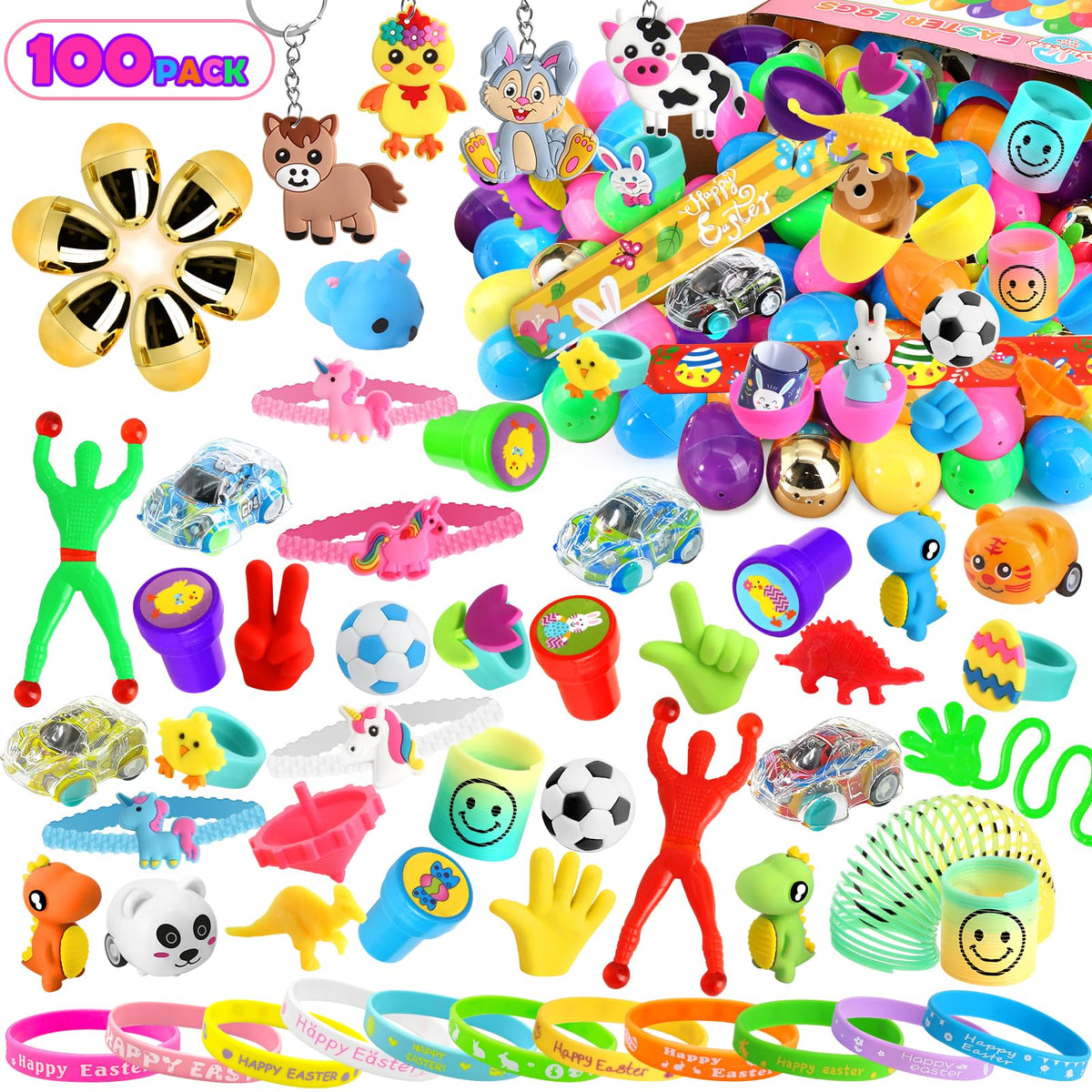 SURCVIO 100-pack prefixed Easter eggs shown for treasure-filled hunts with tiny toys.