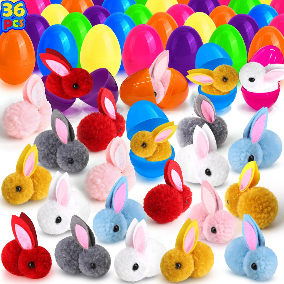 SURCVIO 36 Easter eggs with bunny plush inside, ideal for colorful egg hunts.