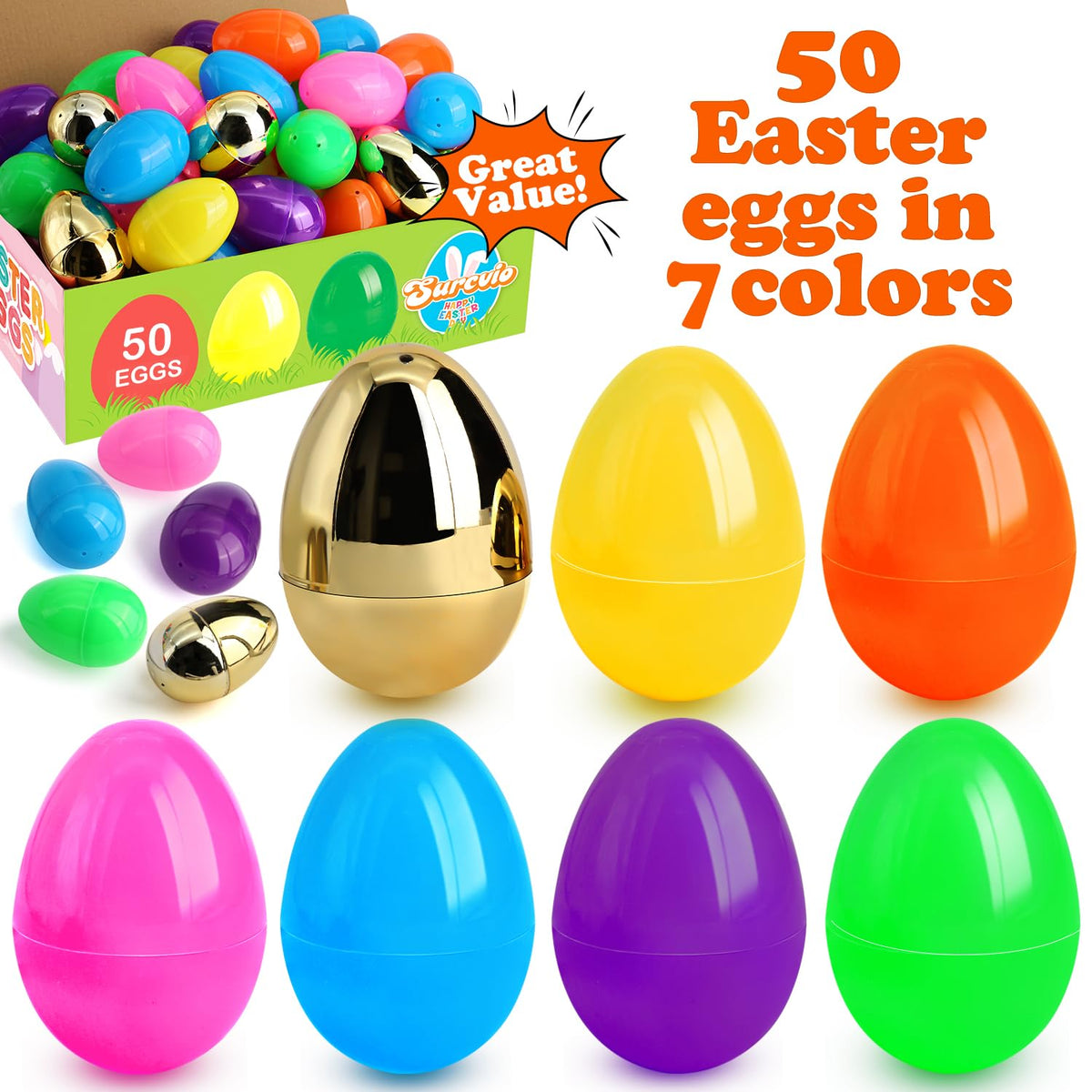SURCVIO 3-inch large plastic eggs bulk suitable for classroom activities.