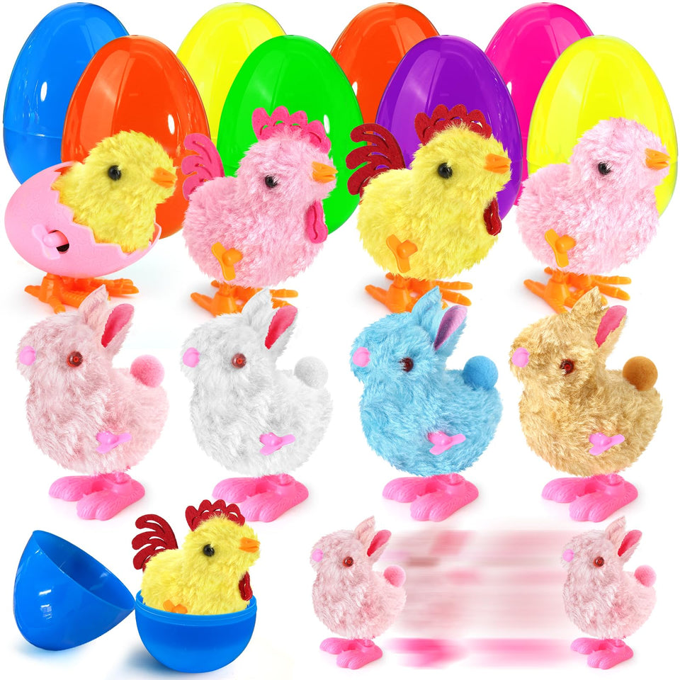 SURCVIO eight-pack Easter eggs with wind-up bunnies for interactive hunts.