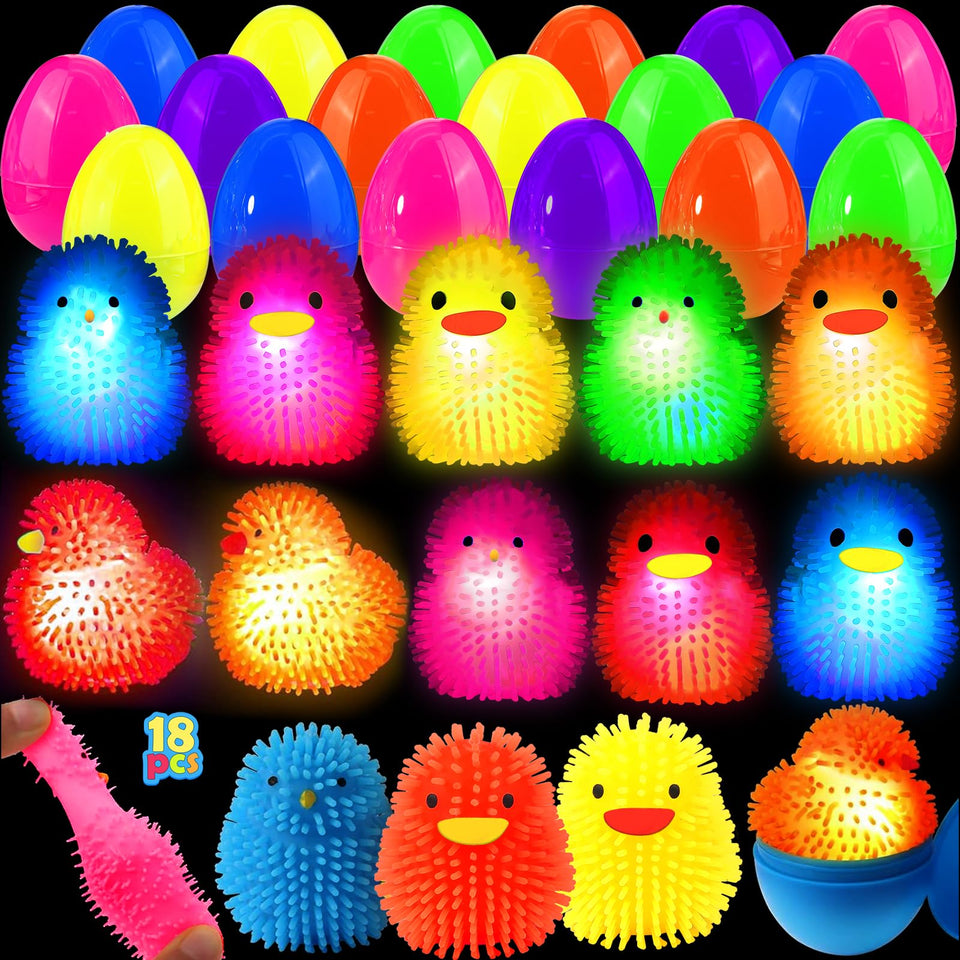 SURCVIO 18-pack Easter eggs with LED chick puffer balls for playful egg hunts.