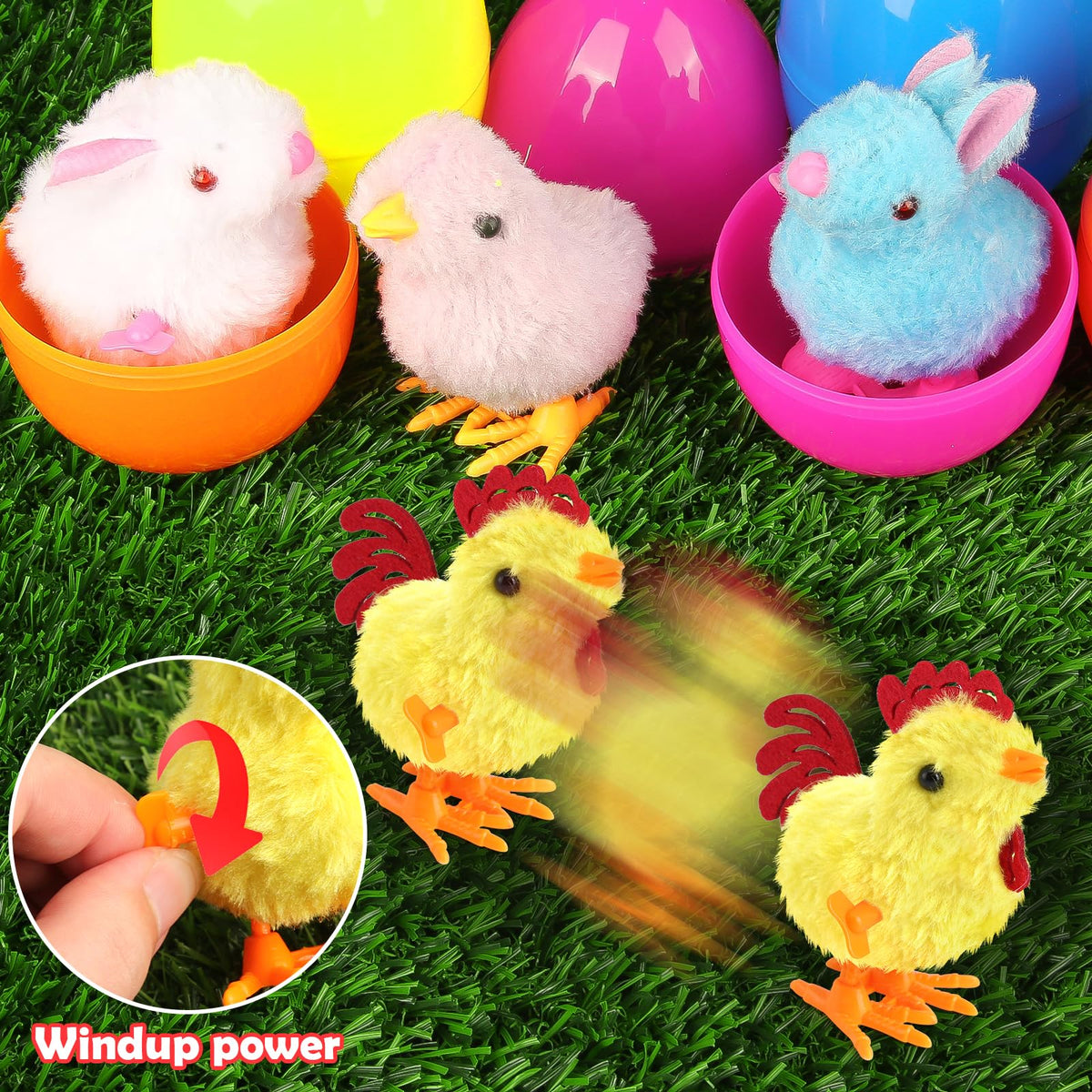 SURCVIO wind-up chicks inside eggs add playful collect-them-all fun.