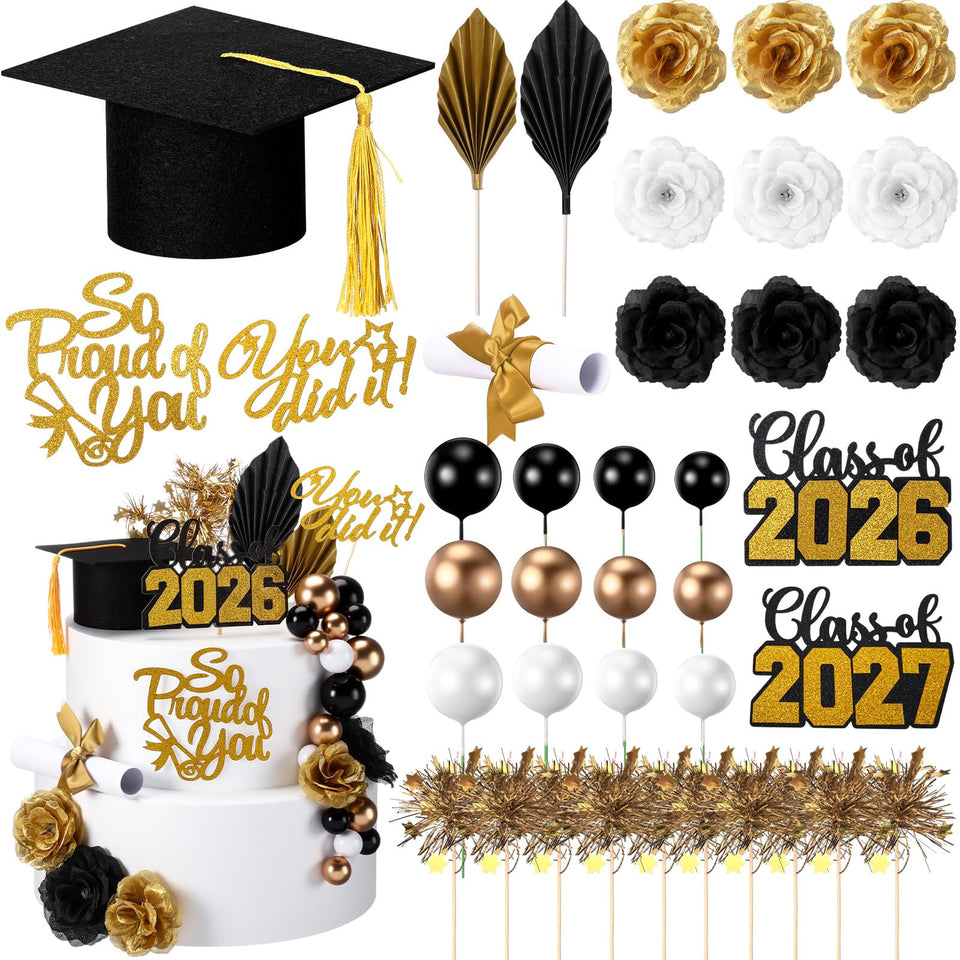 Sureio graduation cap topper in black and gold for elegant cake decoration.