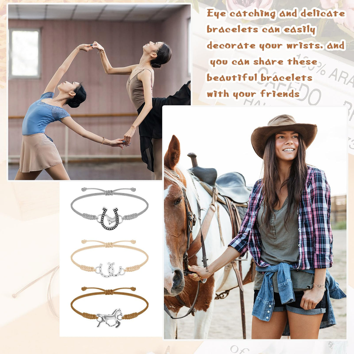 Sureio bracelets feature horse-themed pendants for subtle western charm.