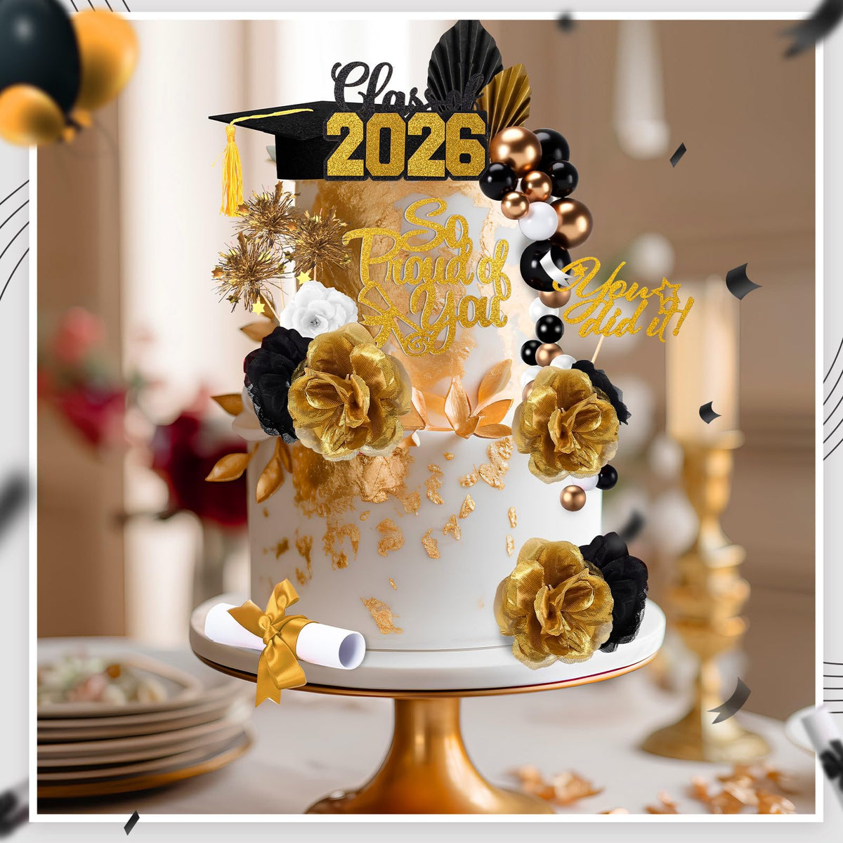 Sureio palm leaves add natural flair to graduation desserts.