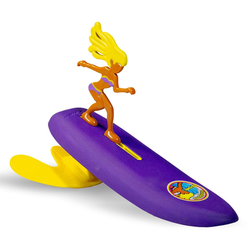 Surfer Dudes Newport Naomi mini surfer riding waves with self-righting action for easy beach fun.