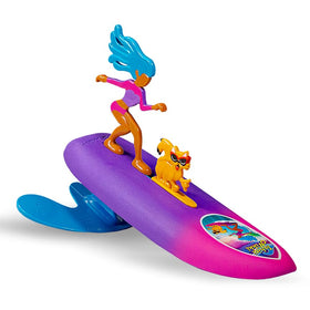 Surfer Dudes Tahiti Nikki and Meowi wave-powered mini-surfer on sunny beach for family fun.