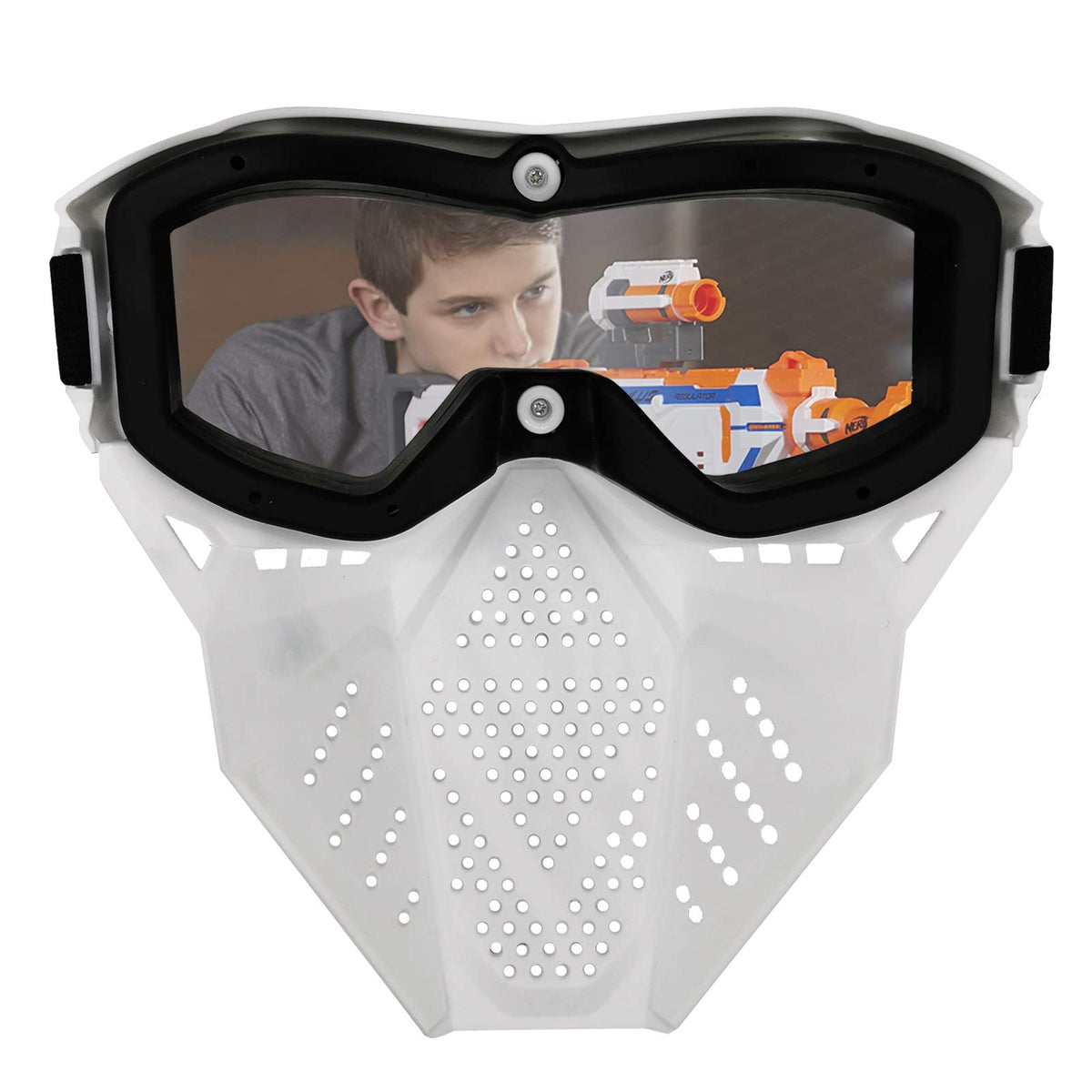 Surper 8-pack tactical mask white front view protects eyes during play.