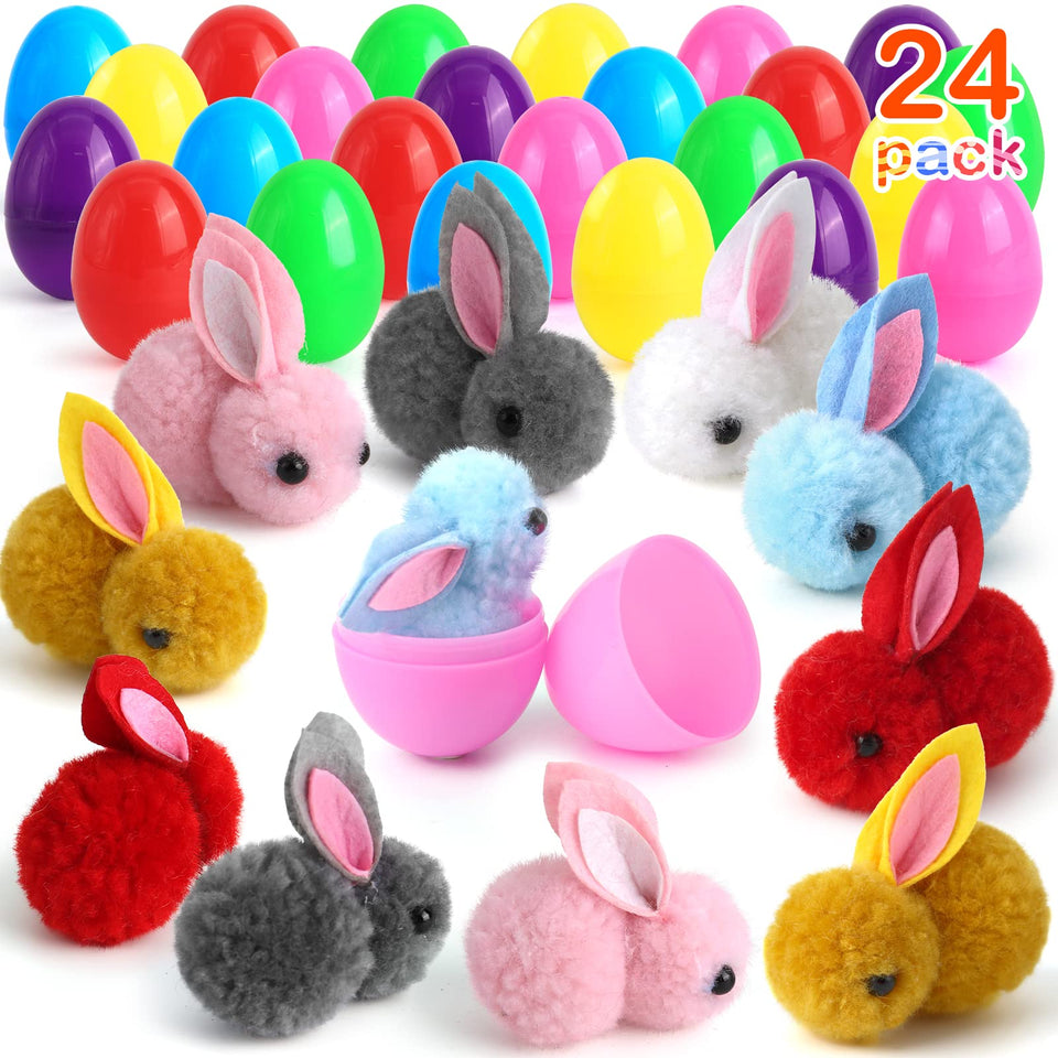 SURCVIO 24-pack Easter eggs with bunny plush inside for backyard hunts.