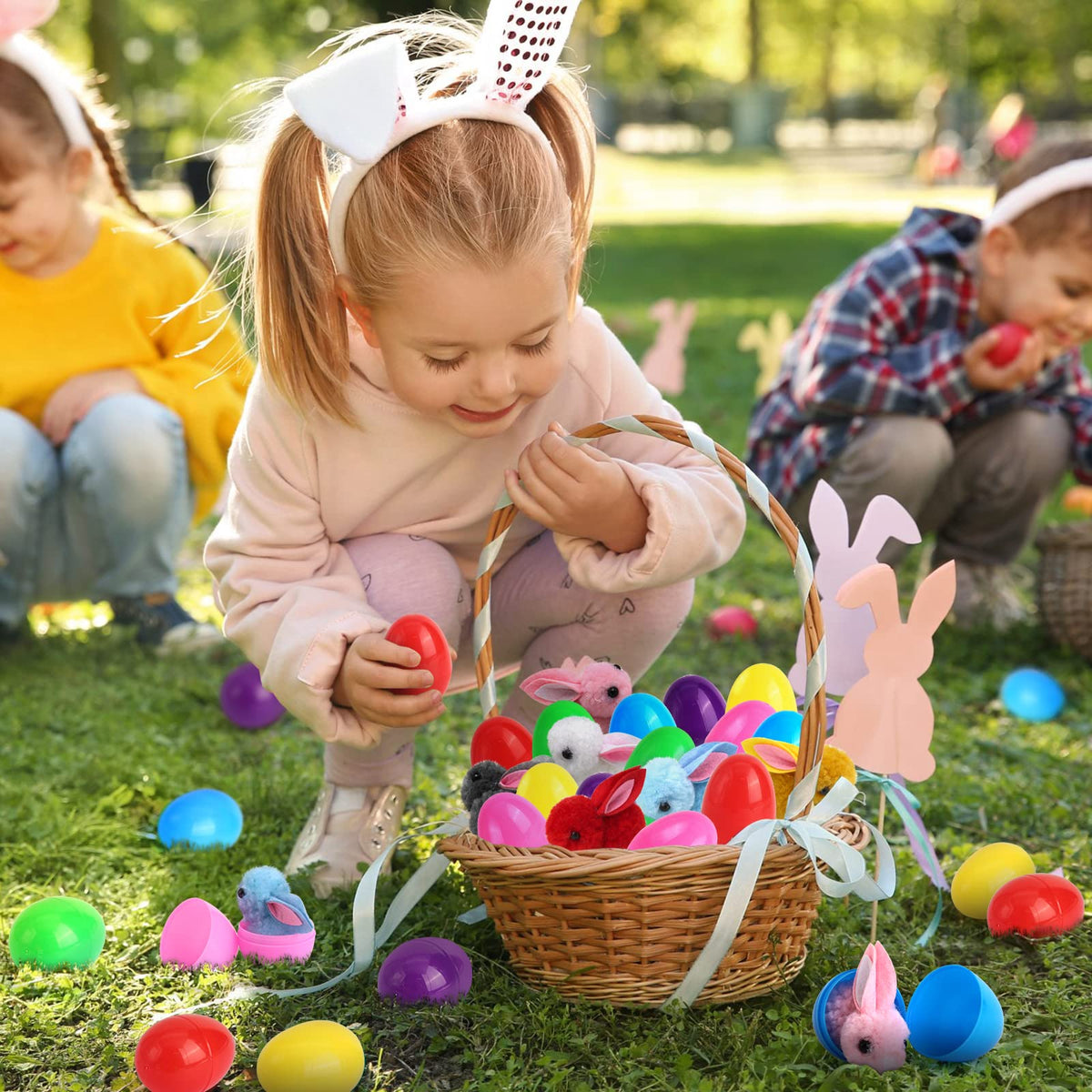 SURCVIO backyard Easter hunt scene with kids collecting surprise eggs.