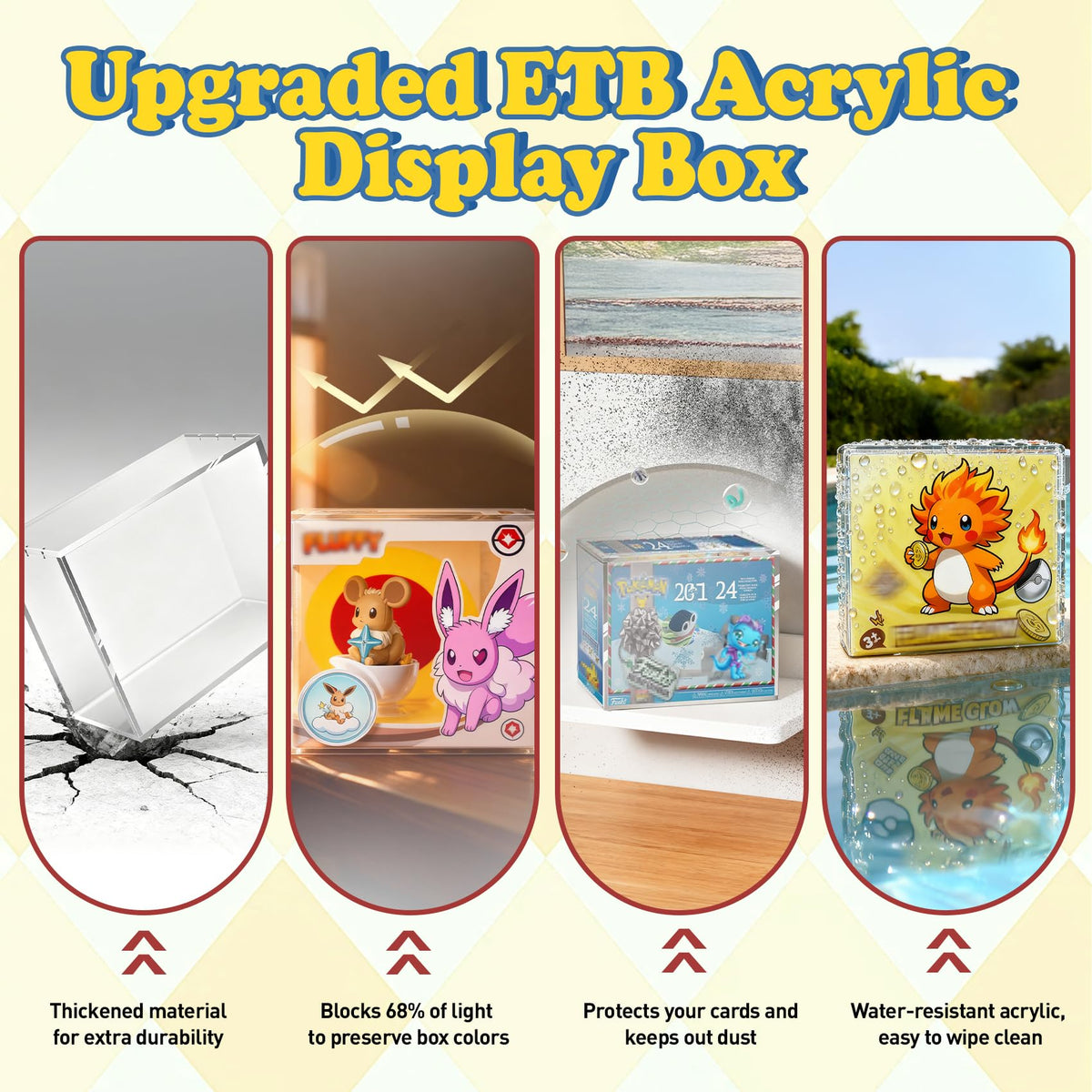 SUVQWJT UV-resistant acrylic helps preserve PKMN Elite Trainer Boxes colors and finish.