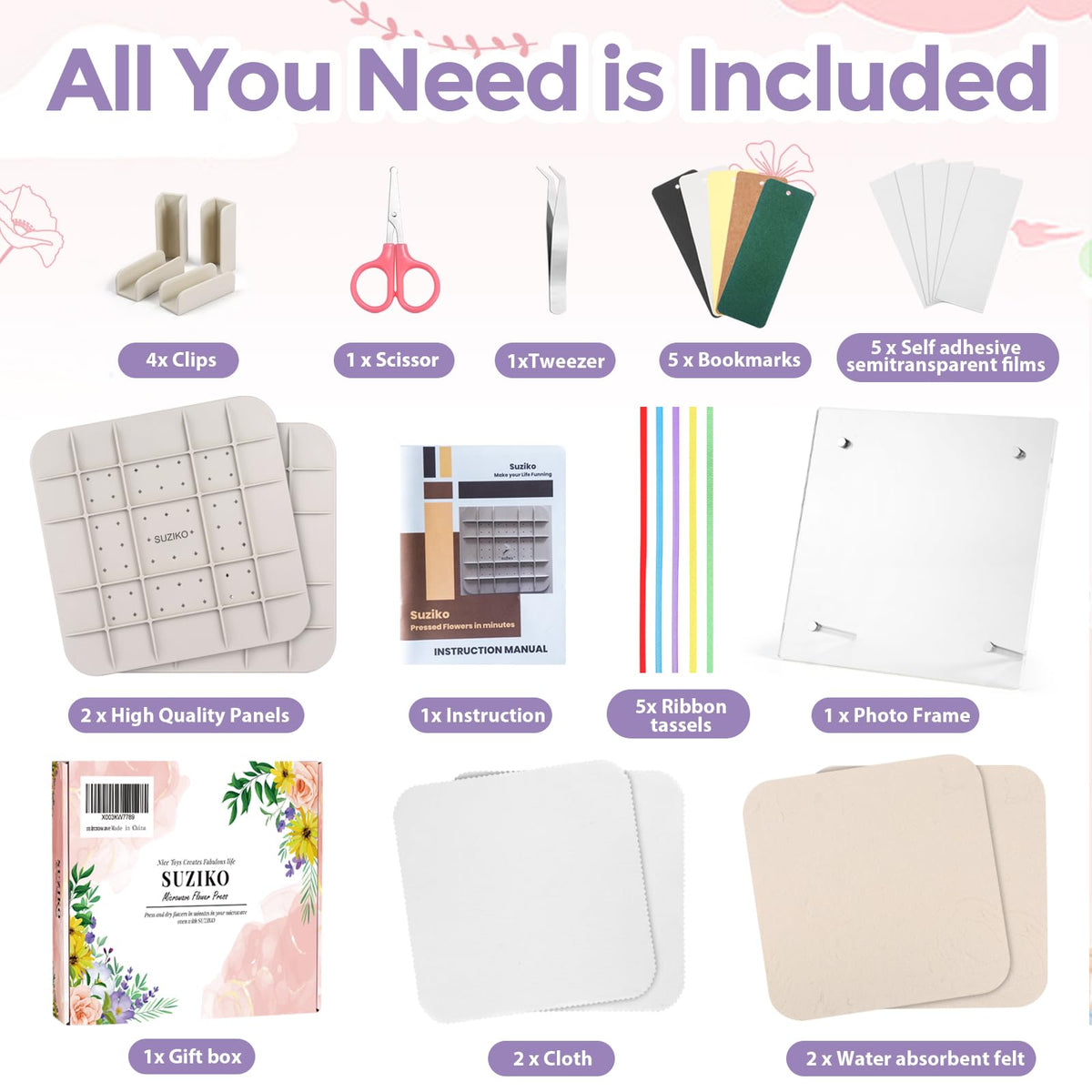 Suziko press panels and metal clips for secure pressing