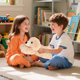 SuzziPals decorative golden retriever plush in a child’s room