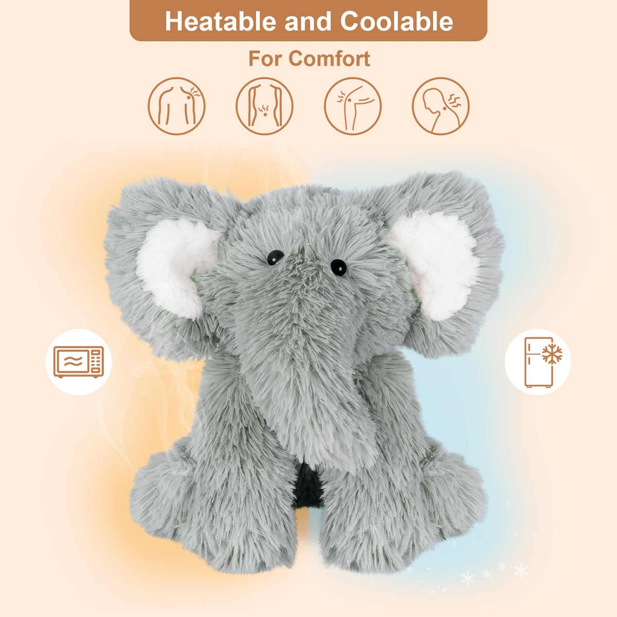 Closeup of SuzziPals elephant heating pad feature for soothing warmth