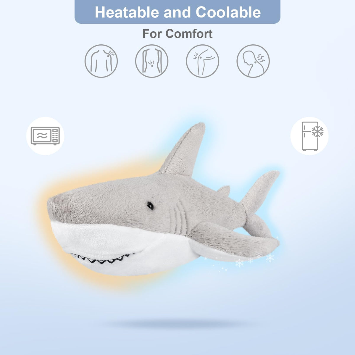 SuzziPals freezable cold-pack shark plush provides cooling relief on demand.