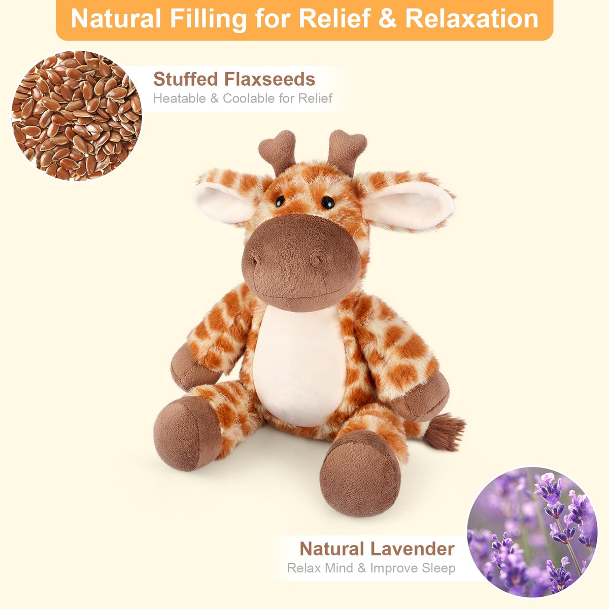 SuzziPals giraffe plushie microwaved heat for comforting warmth.