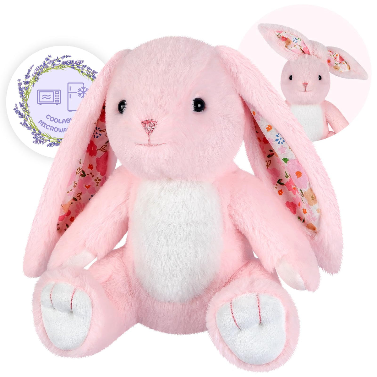 SuzziPals heating bunny front view offers comforting hugs with soft pink fur