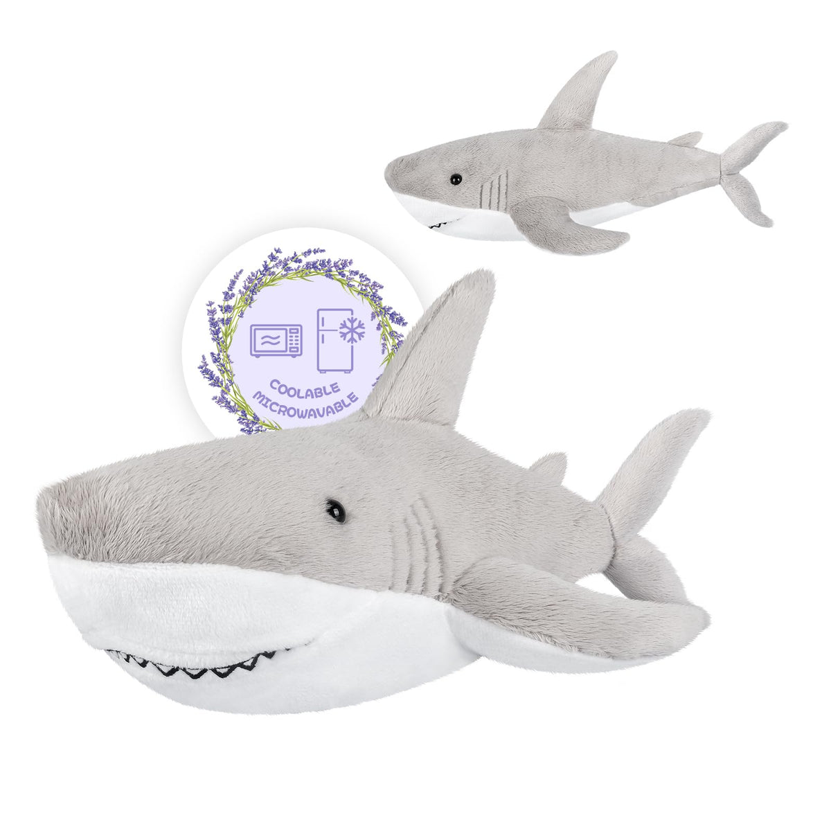 SuzziPals heatable-coolable shark plush offers warm comfort for hugs and relaxation.