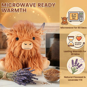 SuzziPals Highland cow plush heated for soothing warmth during evenings.
