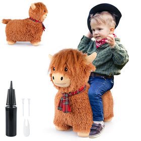 SuzziPals Highland Cow Hopper front view showing soft plush fur for indoor play.