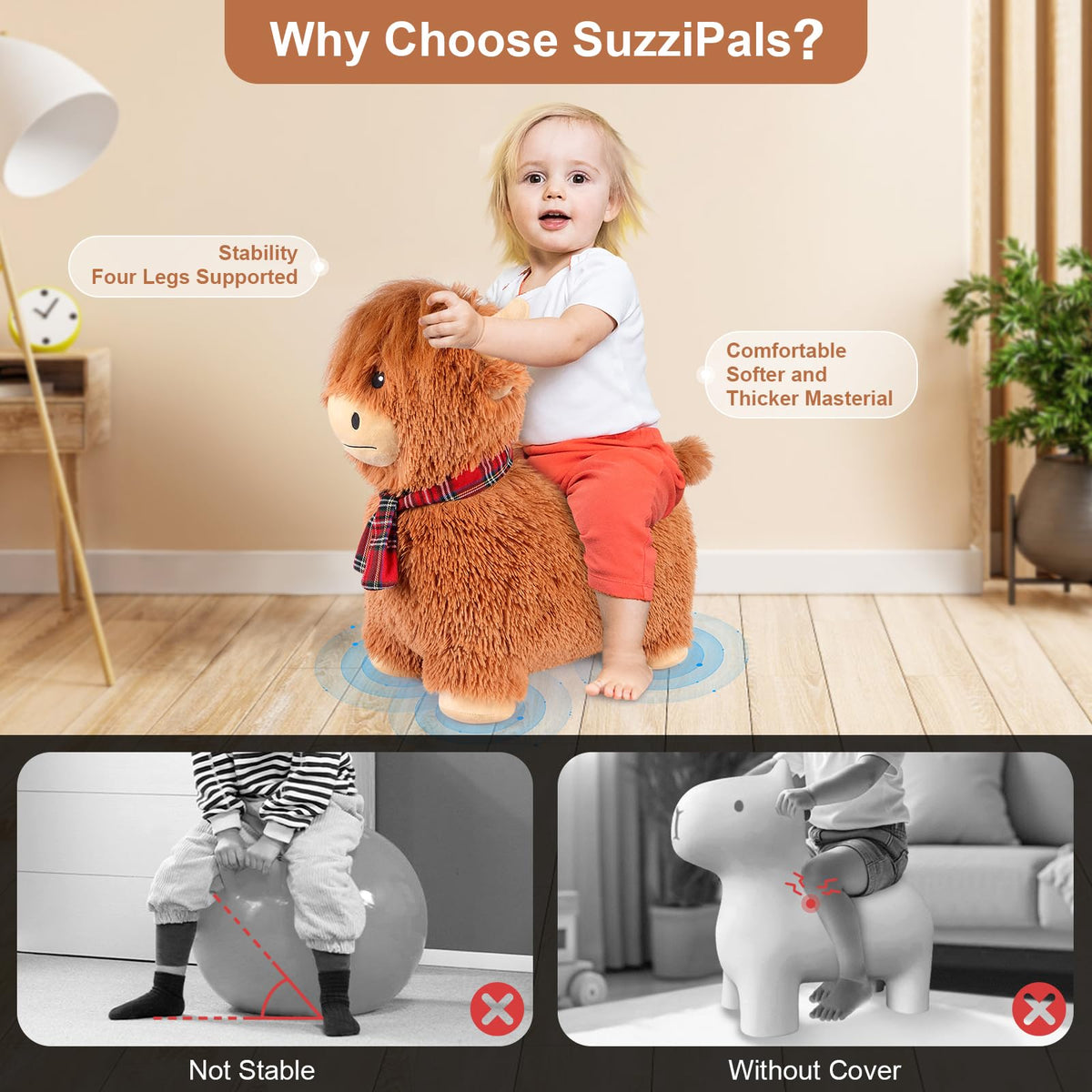 SuzziPals Highland Cow Hopper outdoors during playful activity.