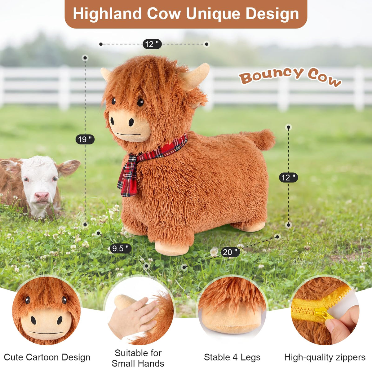 SuzziPals Highland Cow Hopper side view with friendly cow design.