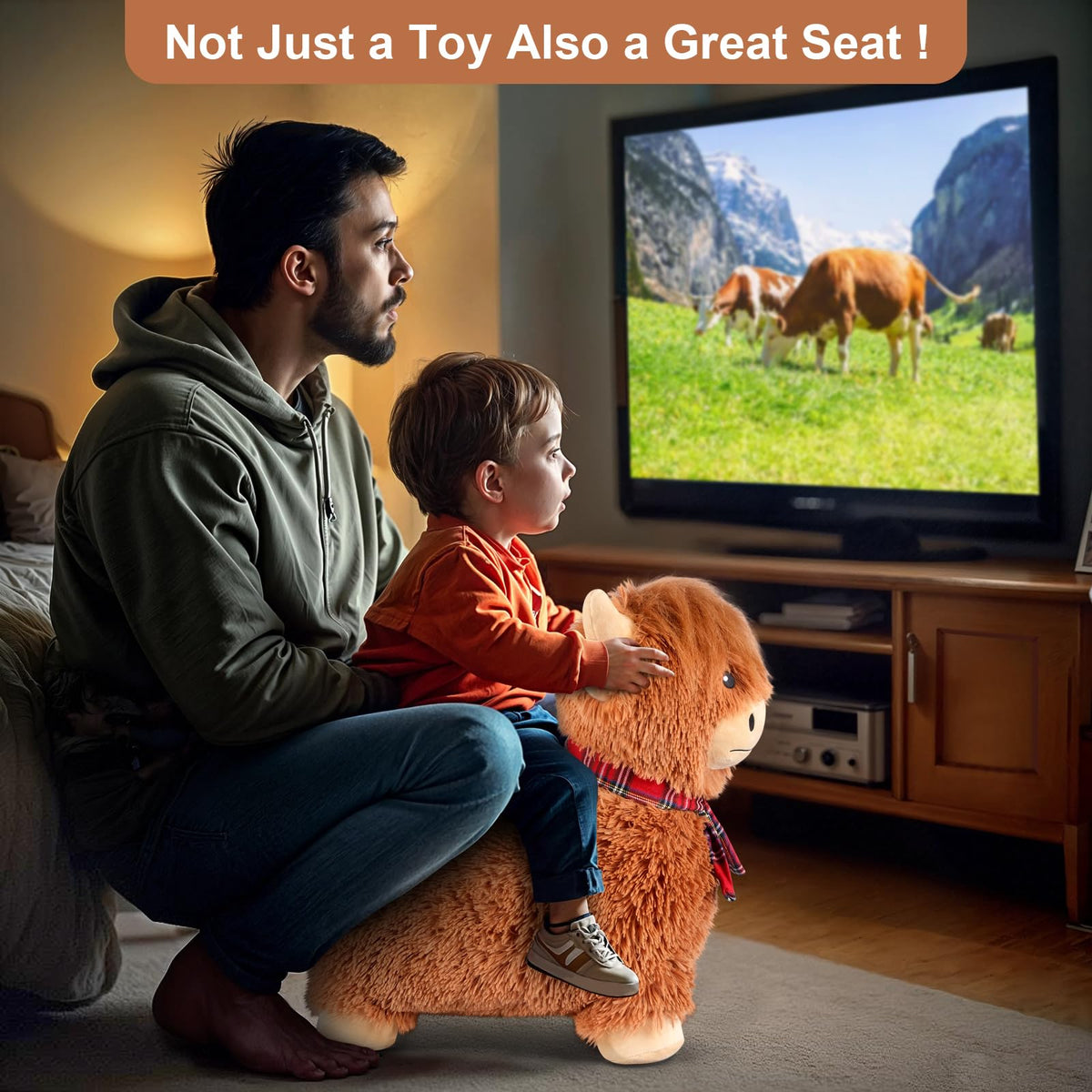 SuzziPals Highland Cow Hopper plush fur offers gentle, tactile ride.