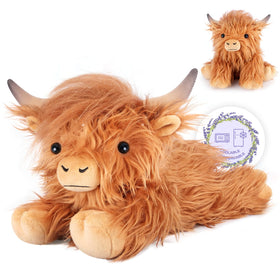 SuzziPals Highland cow weighted plush ready for cozy cuddle and warmth.