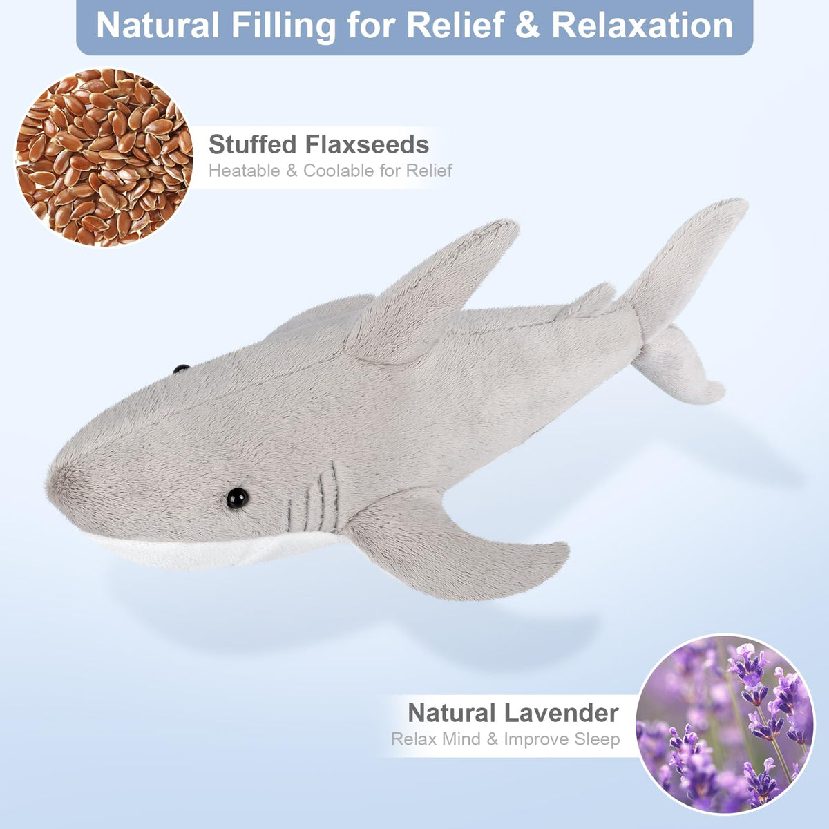 SuzziPals microwavable heating pad shark delivers gentle heat for calm evenings.