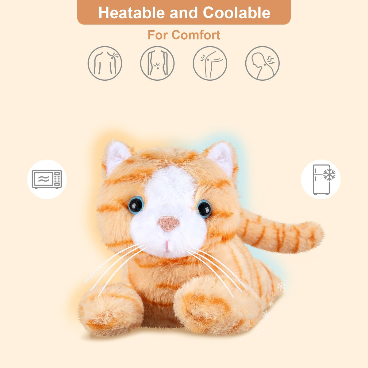 SuzziPals Orange Cat plush with heating pad for warmth.
