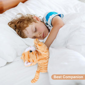 SuzziPals Orange Cat plush cuddled during travel for comfort.