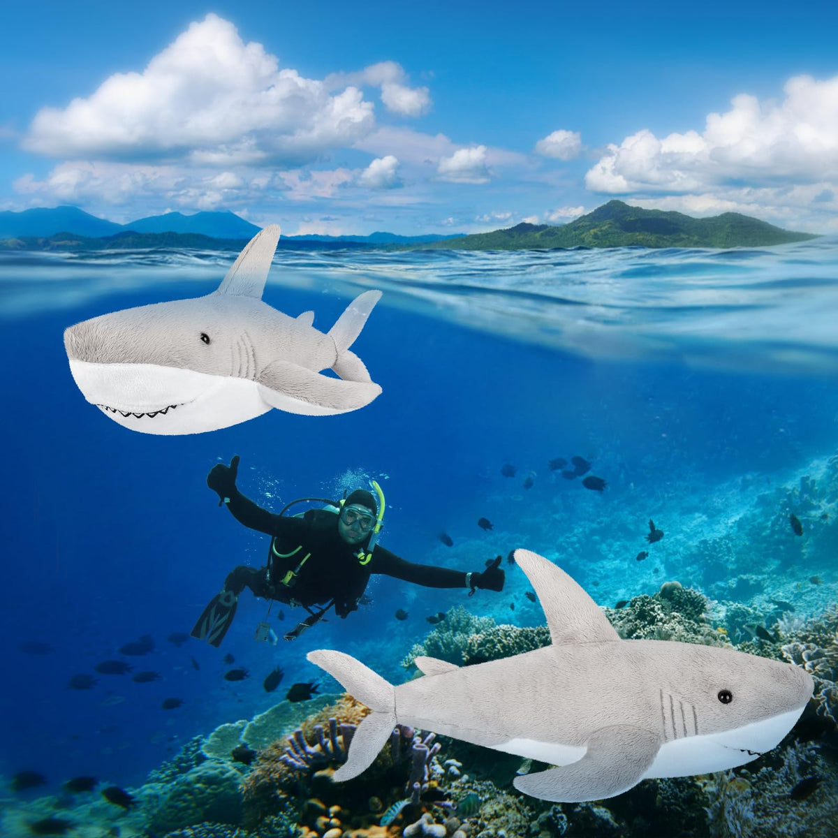 SuzziPals relaxation-ready shark plush shown in cozy home settings.