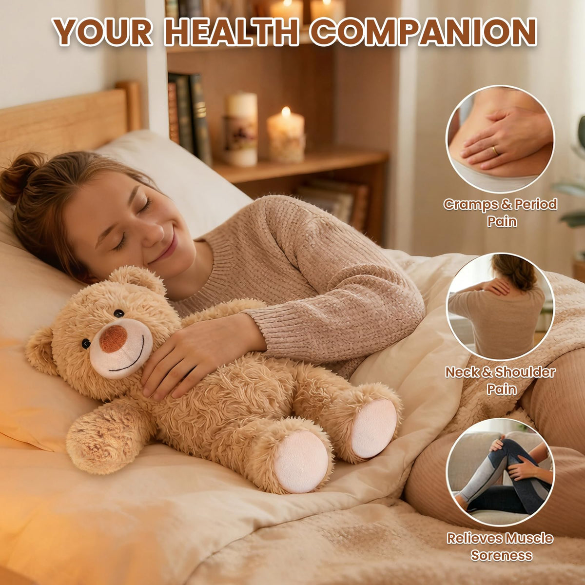 SuzziPals heated bear delivers calming warmth to neck, shoulders, or back.