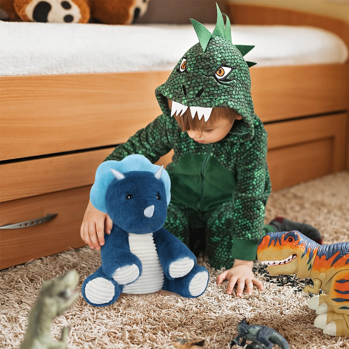 SuzziPals Triceratops decorative dinosaur plush in a kid's room.
