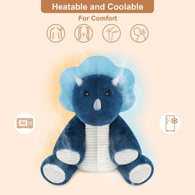 SuzziPals Triceratops heating pad shown warming for comforting warmth.