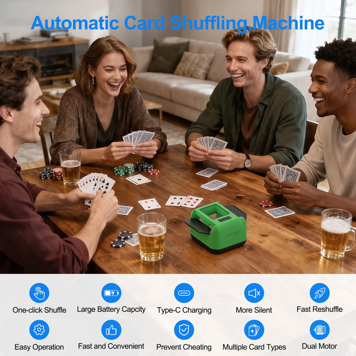 Svertmer shuffler with drawer tray keeps cards organized during play.