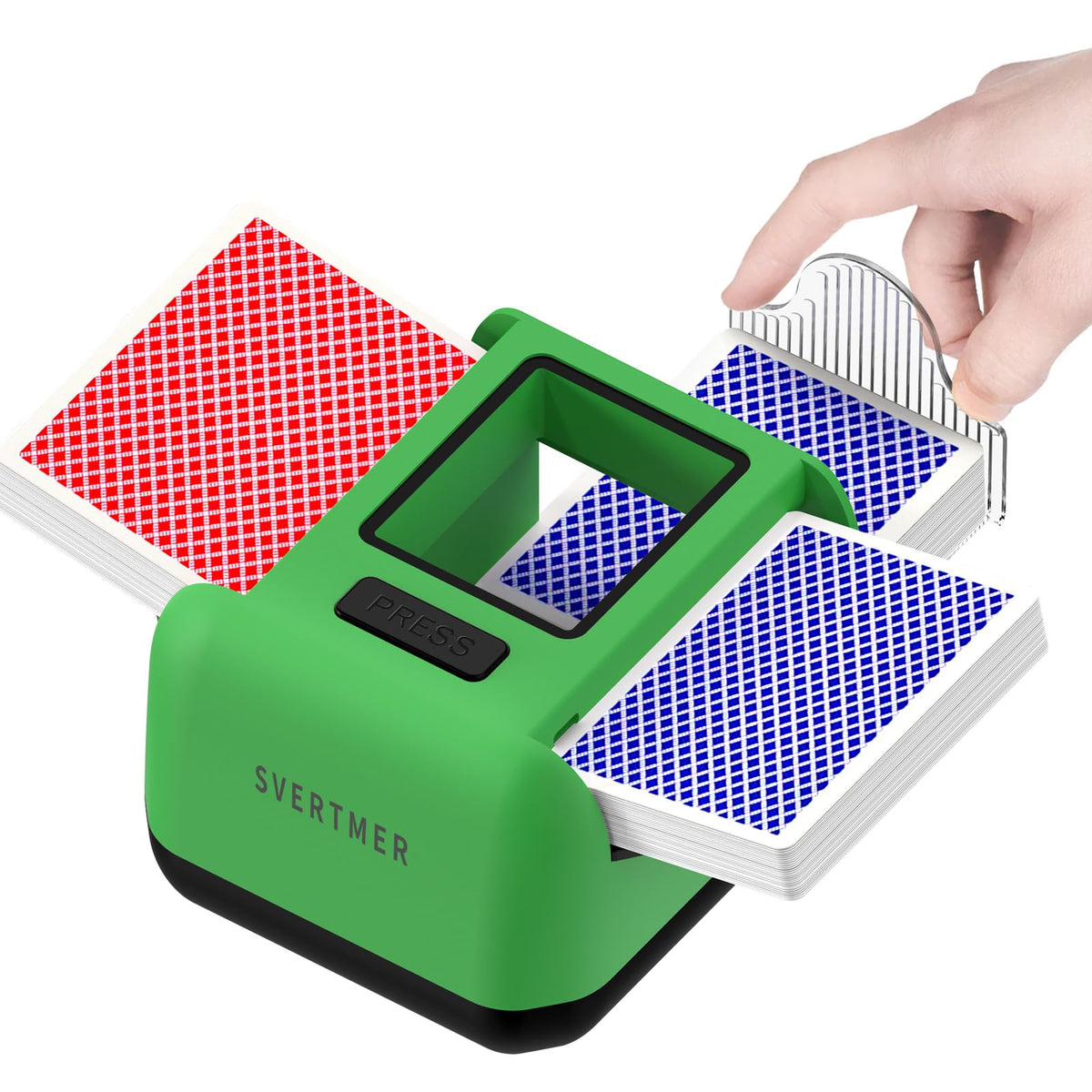 Svertmer automatic card shuffler front view for quick, hands-free shuffling.