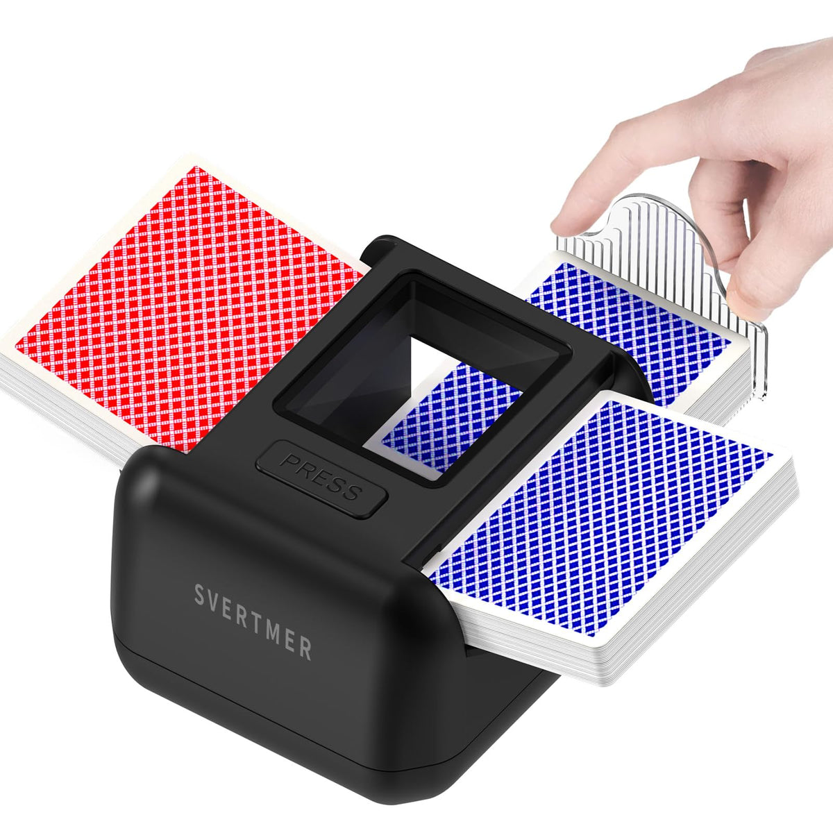 Svertmer Automatic Card Shuffler front view for hands-free shuffling.