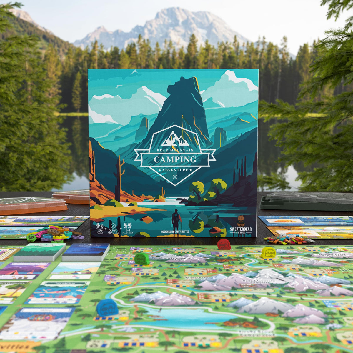 SweaterBear Bear Mountain camping cards highlight nature-themed activities for exploration.