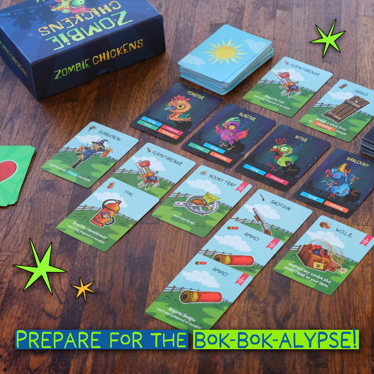 Sweet Bros Games Zombie Chickens cards close-up highlighting strategic choices.