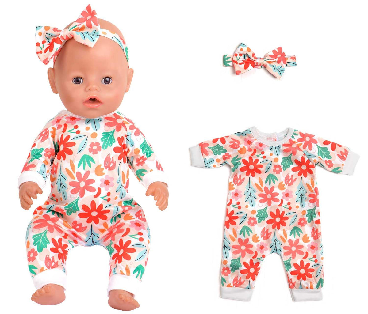 Sweet Dolly five-piece doll clothes set with coordinated headbands for quick dress-up.