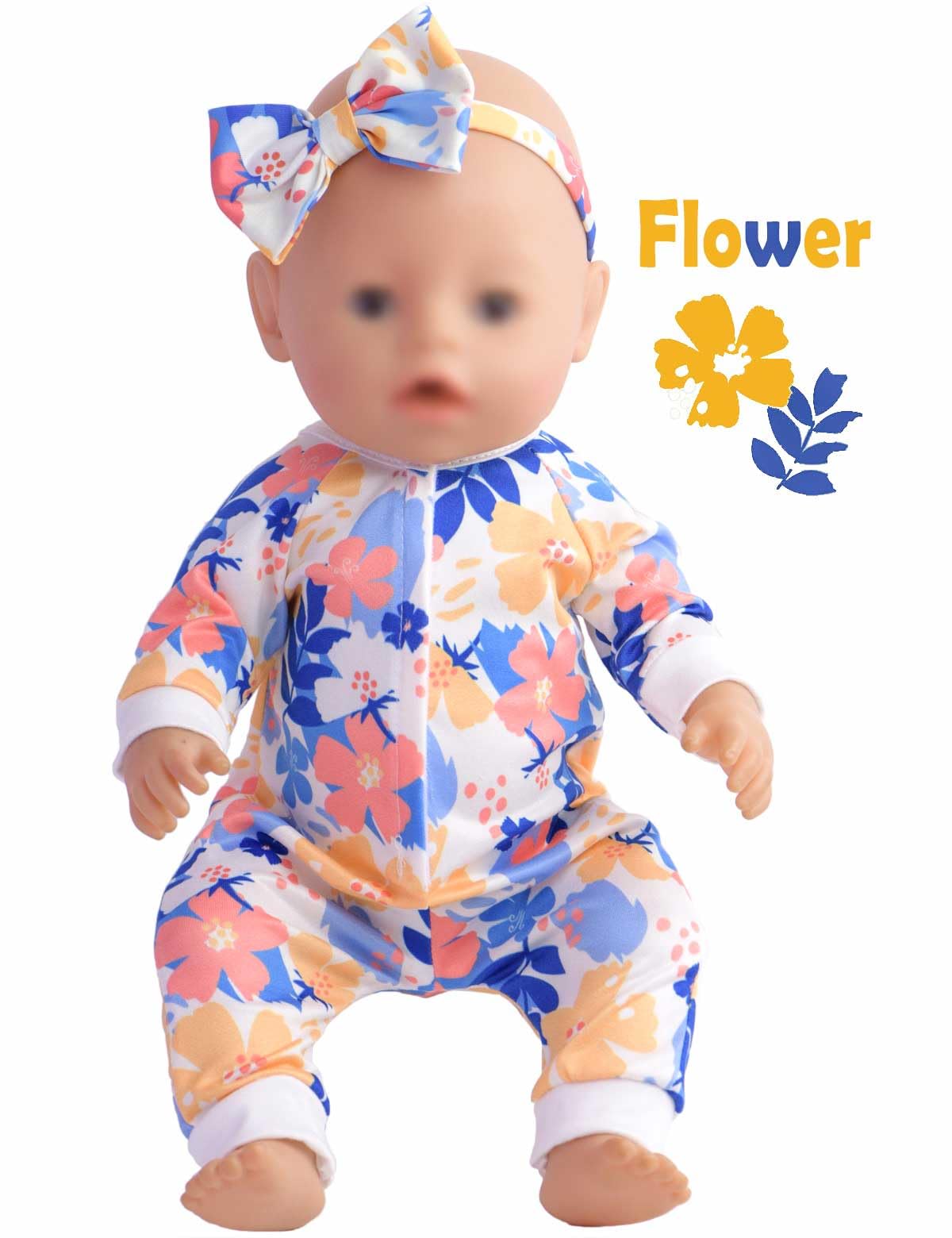 Sweet Dolly floral jumpsuit with headband, vivid daily outfit for 14-18 inch dolls