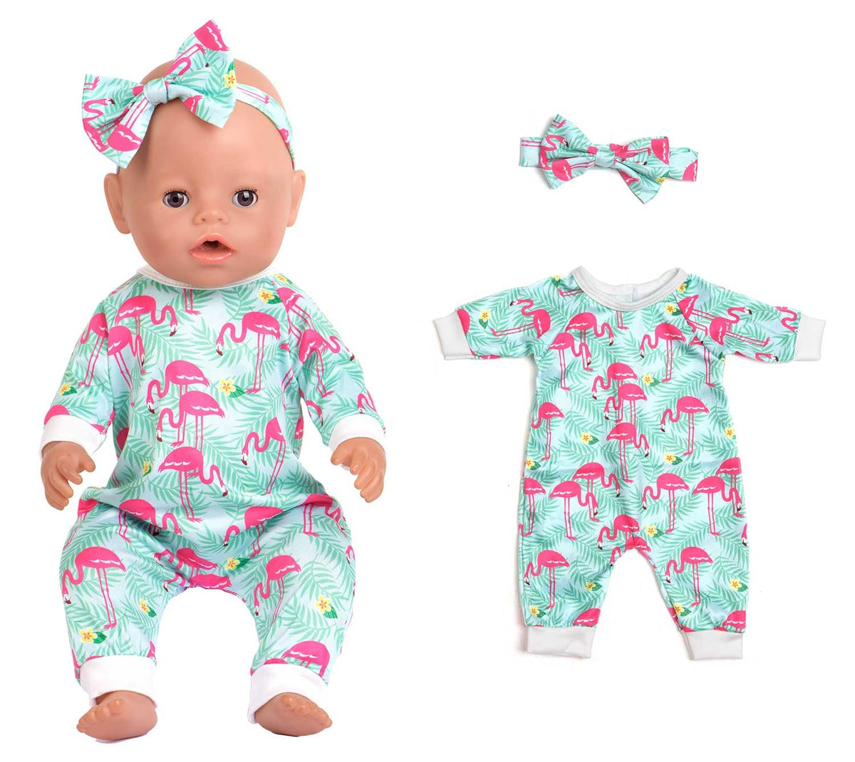 Sweet Dolly floral pattern jumpsuit and headband for 14-18 inch dolls, colorful everyday wear.