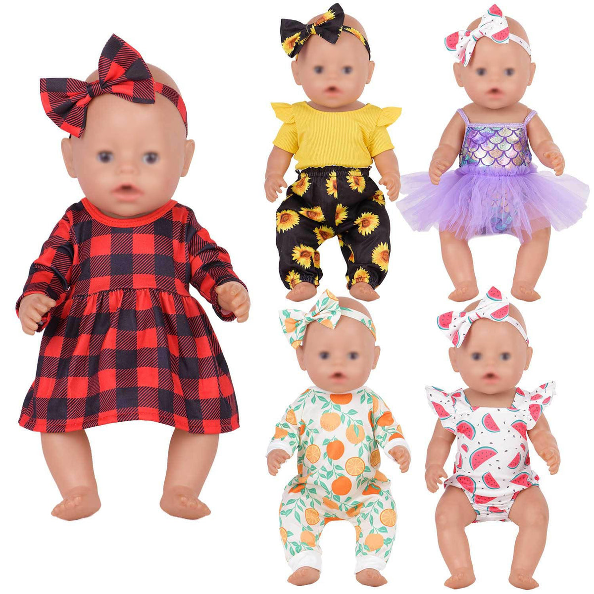 Sweet Dolly plaid dress with bow headband for 15-18 inch dolls, easy stylish dress-up.