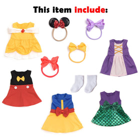 Sweet Dolly snow white dress with red bow headband; classic fairytale look.